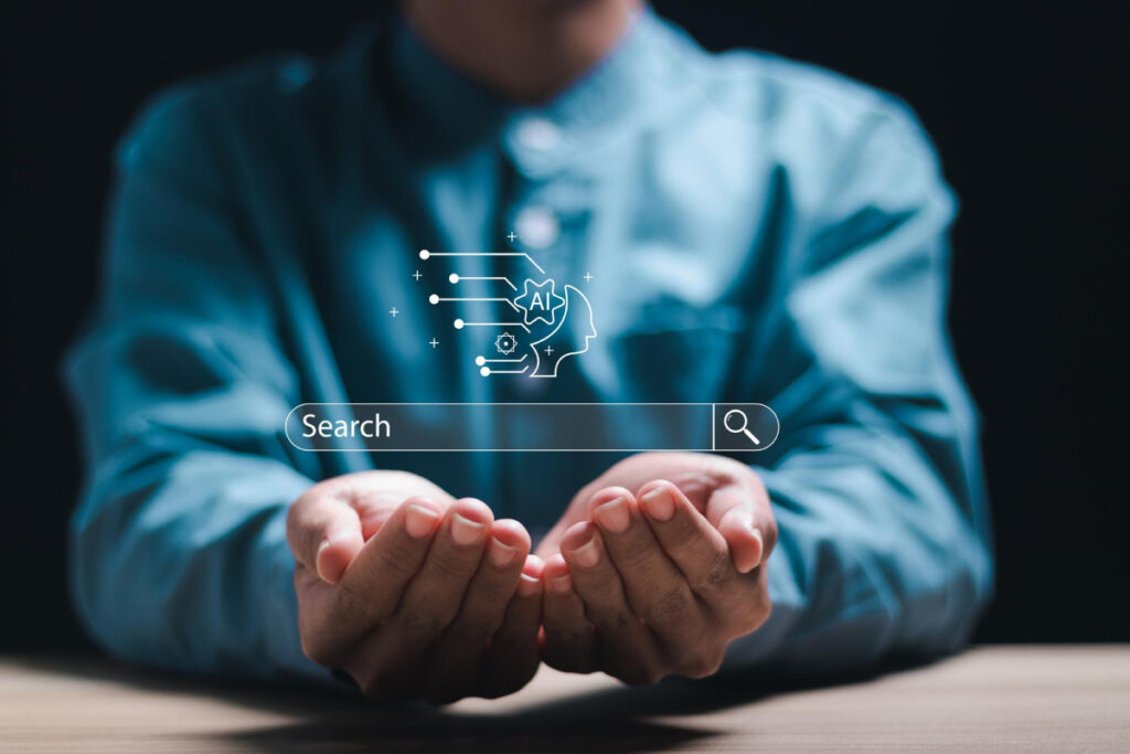 AI-powered search engine concept showing advanced natural language processing and machine learning for personalized results.