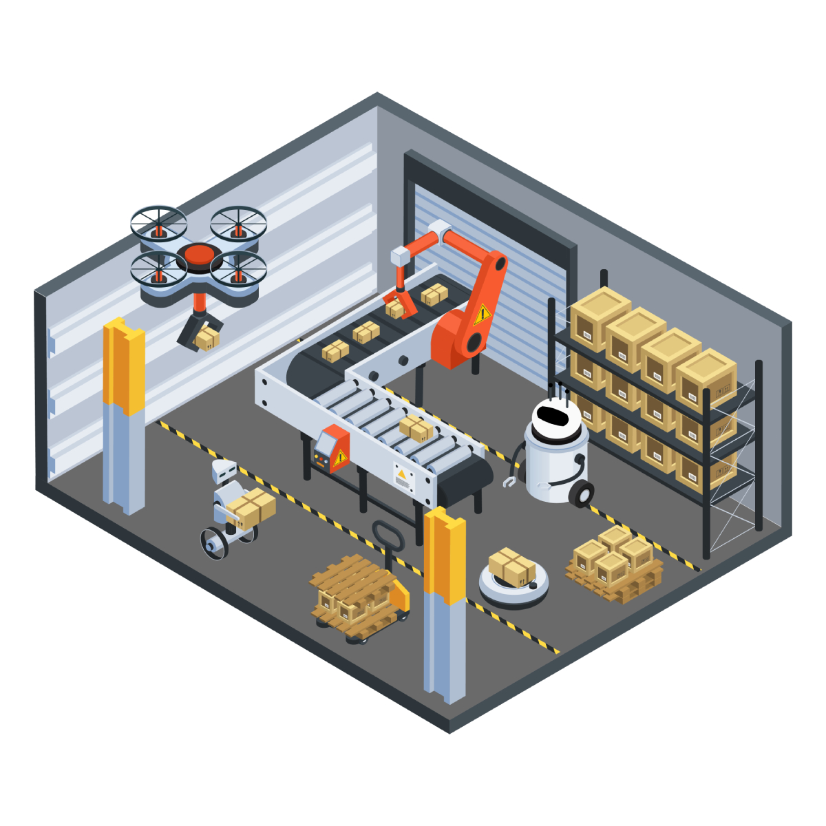 AI-powered robots managing inventory in an automated warehouse.