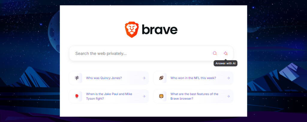 Illustration of Brave Search as the best AI search engine for privacy-conscious users, featuring a secure, minimalist interface with privacy-focused icons and elements on a dark background.