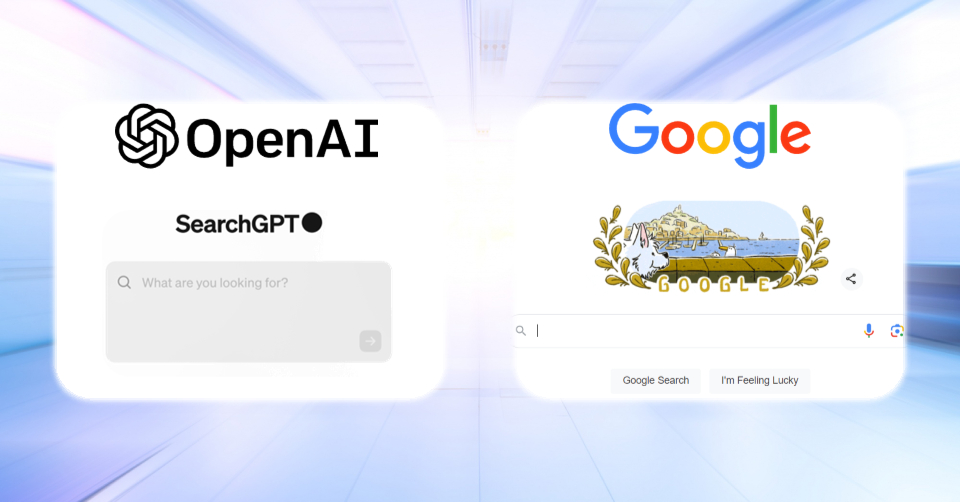 Illustration of SearchGPT’s AI-powered search features enhancing SEO strategies, focusing on content quality, user intent, and keyword relevance.