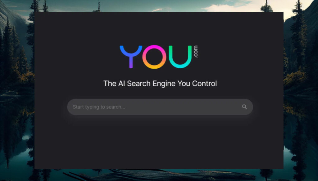 Illustration of You.com as the best AI search engine with a custom model selector, featuring an interface with selectable AI models and real-time search results on a dark background.