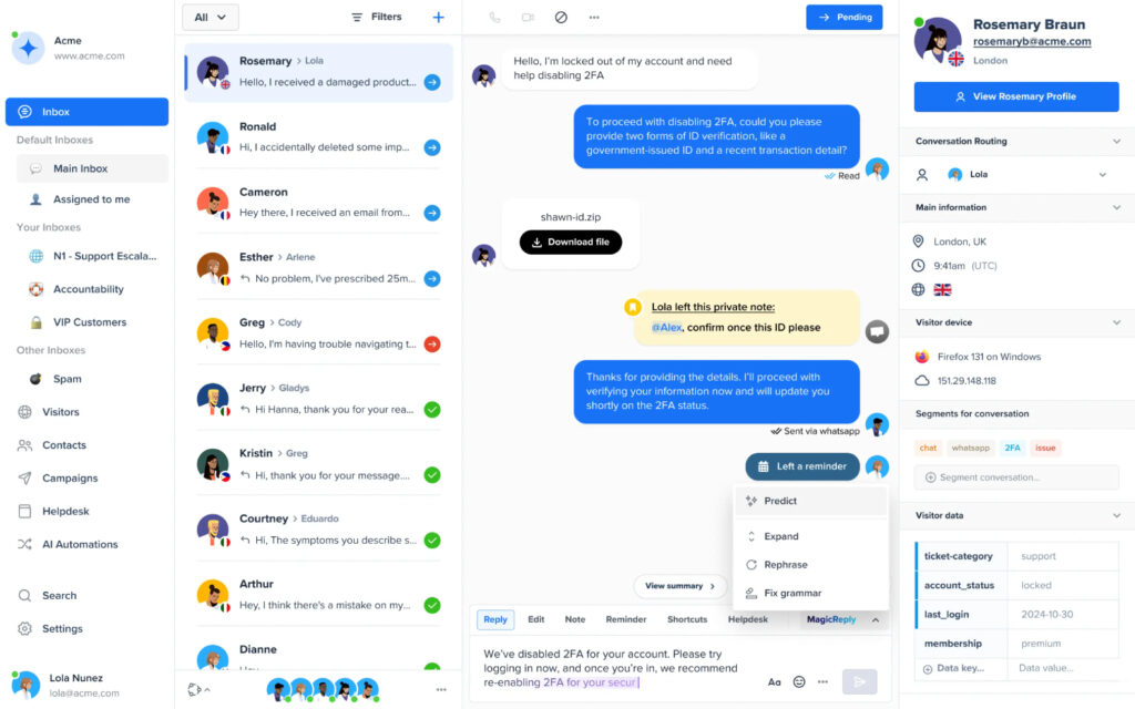Crisp live chat interface with video call and multi-channel support options.