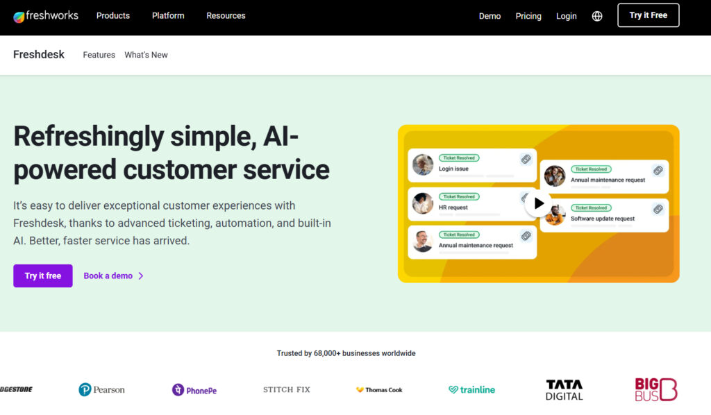 Freshdesk Messaging interface showing in-app messaging and customer journey mapping features.
