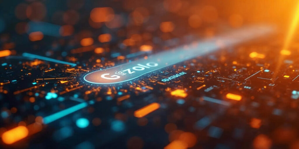 A futuristic search engine interface showcasing AI-driven features like conversational queries and voice input.