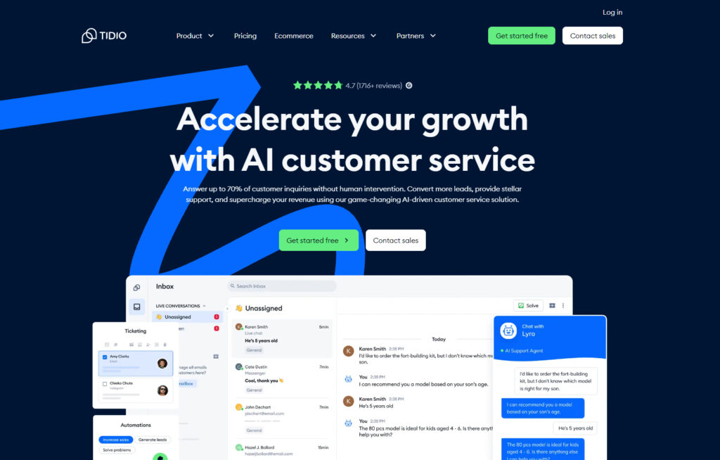 Tidio live chat interface showcasing e-commerce integration features.