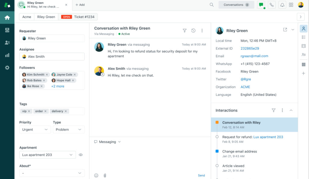 Zendesk interface displaying multi-channel support features for chat, email, and social media.